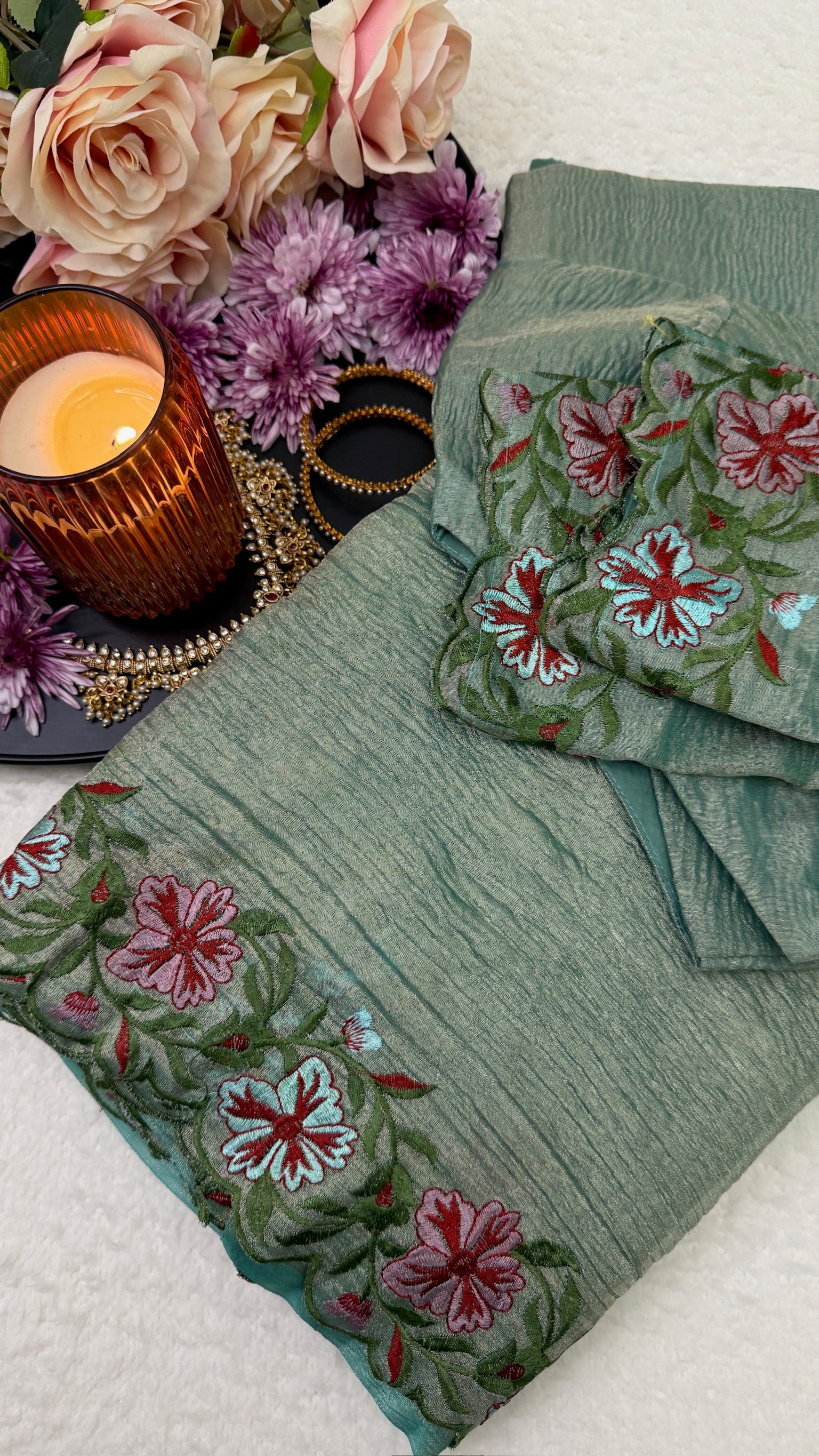 Beautiful Floral Thread work Tissue Saree With Blouse